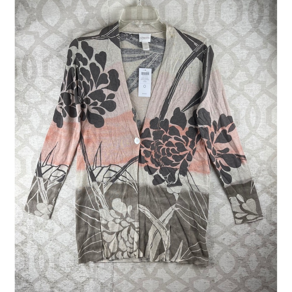 Chico's Ninette Cardigan Women Size 0 S Floral Blocked Linen Cotton Sweater NWT